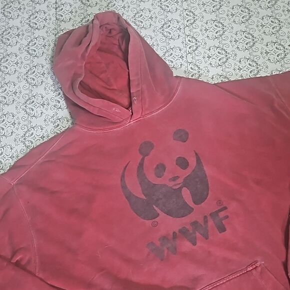 Vintage Y2K WWF Panda Bear Animal Logo 100% Cotton Red Hoodie Med - Picture 3 of 9
